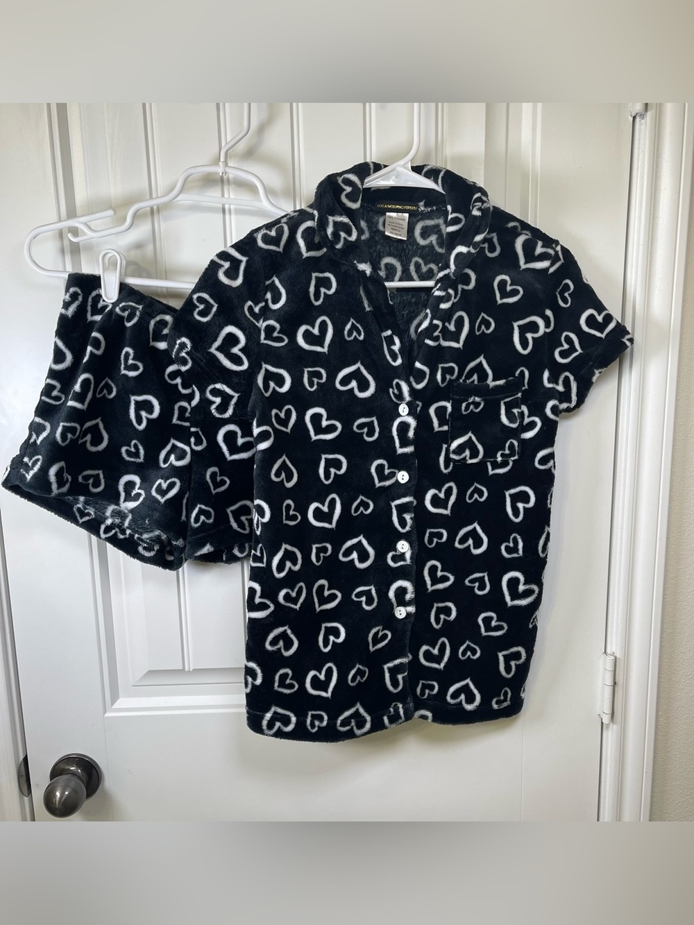 Not A Morning Person S Black White Plush Heart Short Sleeve Pajama Set